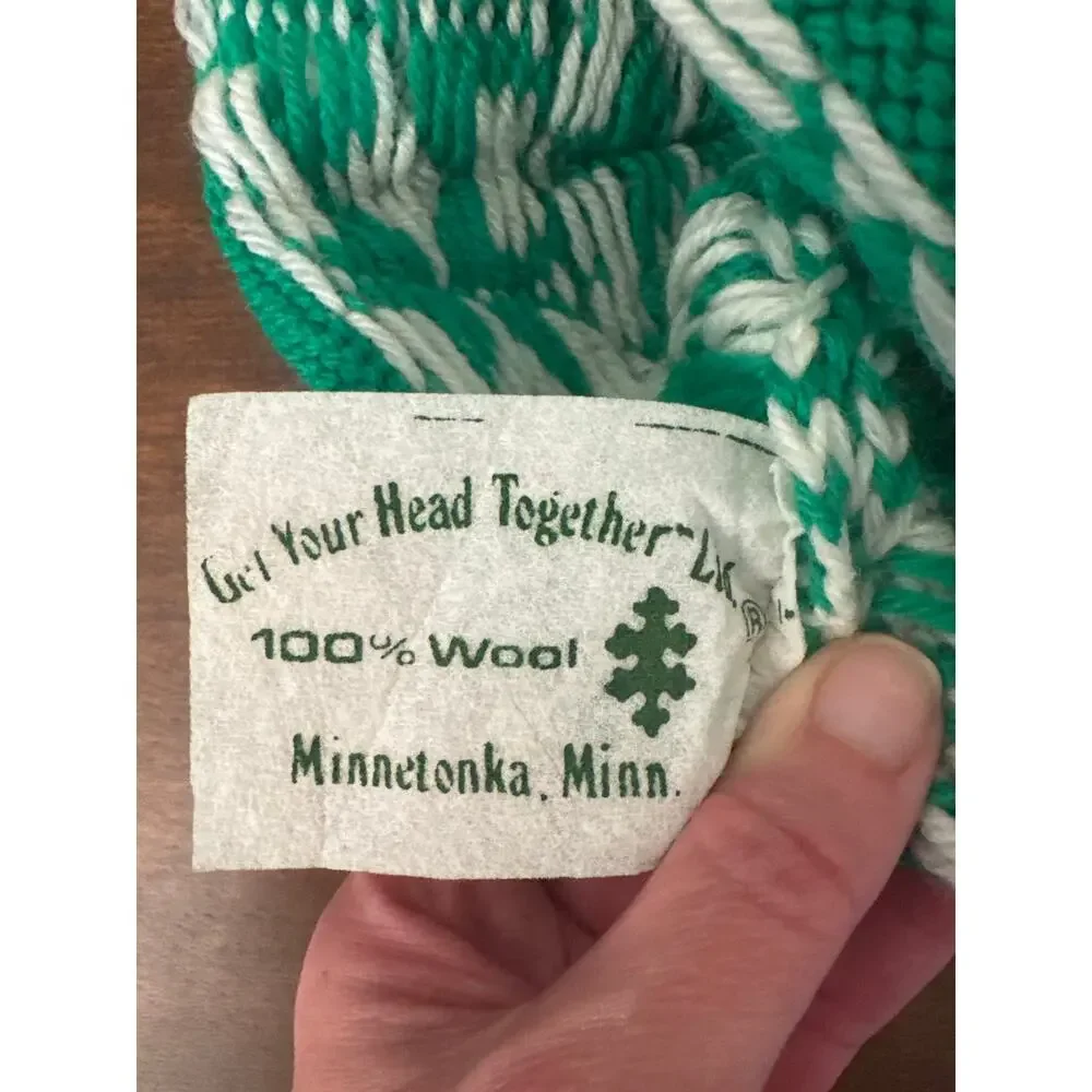 Vintage 70s Get Your Head Together Wool Pom Pom Beanie Green Nordic Fair Isle